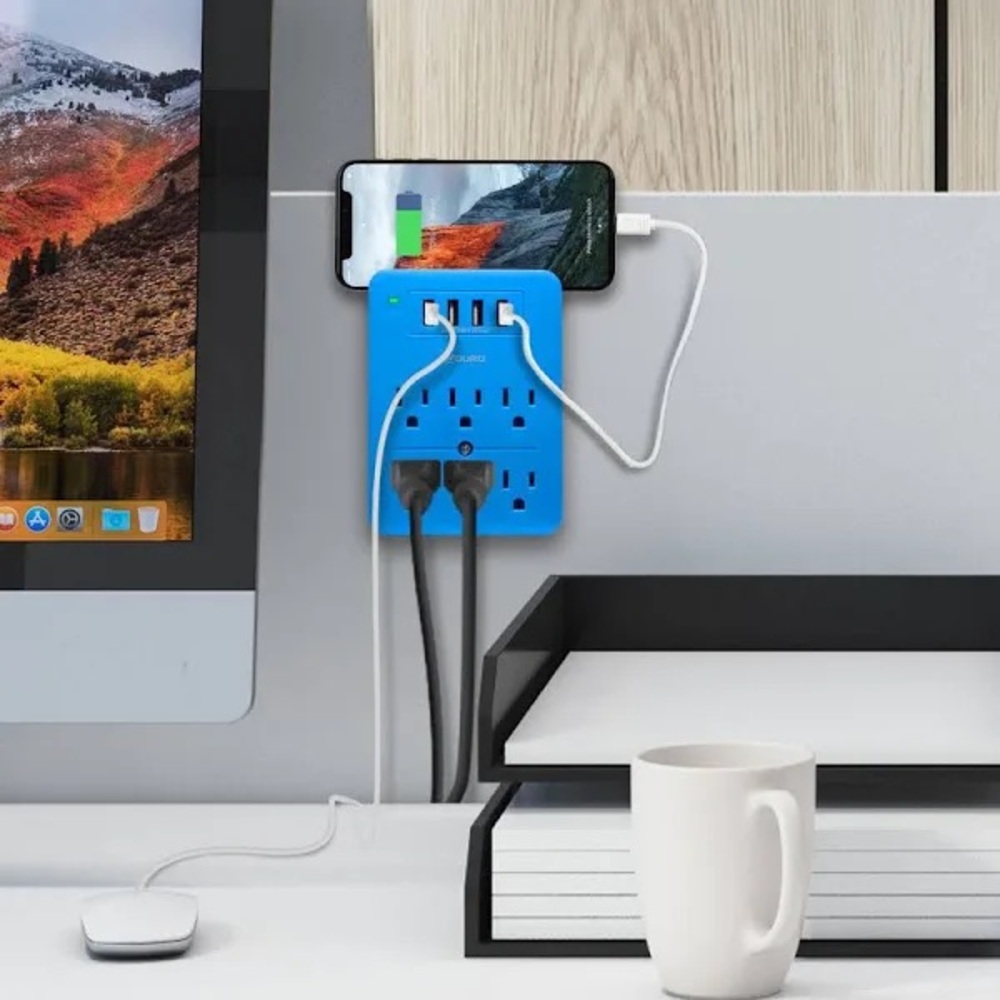 Wall-Mount Power Strip with 3 USB Ports - Blue